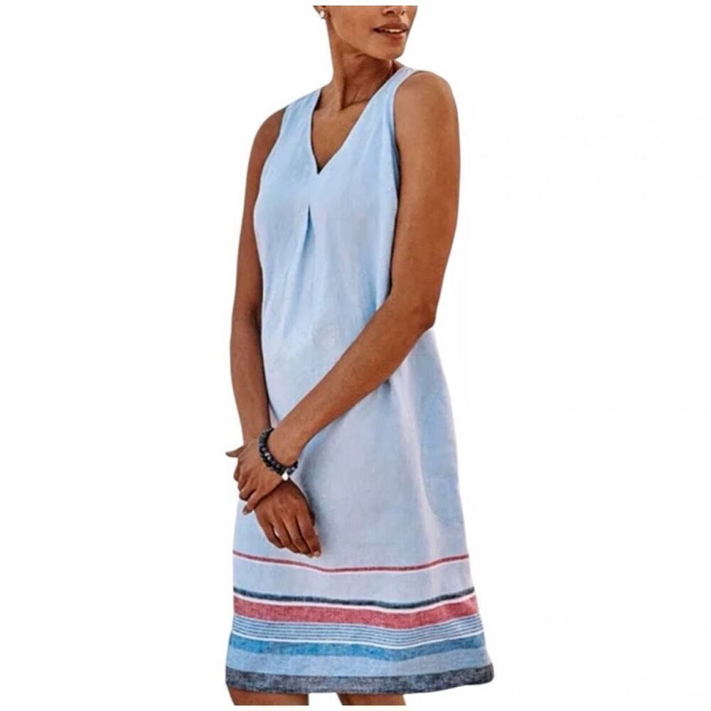 J Jill Love Linen Knee Length Dress size M Petite Blue Sleeveless A-line V-neck